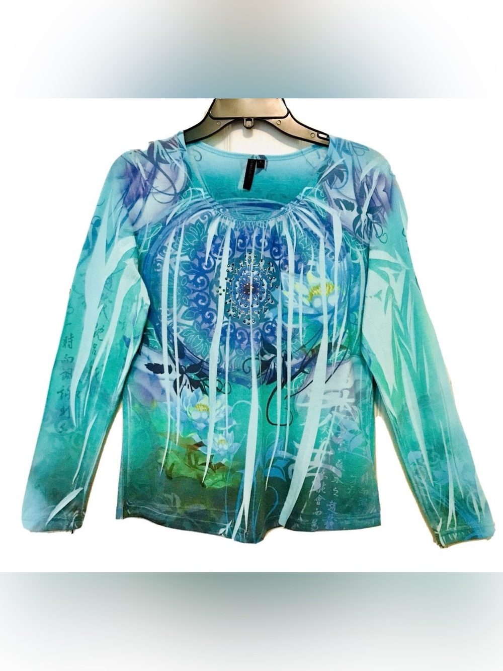 Susan Lawrence Womens S Beaded Boho Medallion Floral Watercolor Long Sleeve Top